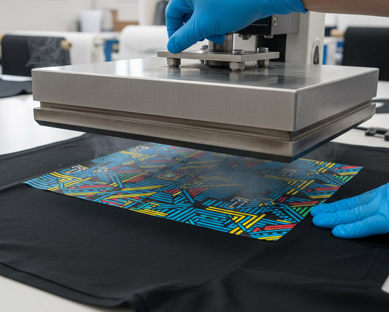 Primer plano profesional y de alto detalle de un proceso de transferencia de calor DTF (Direct to Film). Un técnico con guantes de nitrilo azules está bajando la placa calefactora de una prensa térmica industrial sobre una camiseta de algodón negra. Se observa el momento justo antes del contacto, con un ligero vapor visible sobre la vibrante transferencia DTF de patrón geométrico abstracto en colores CMYK.