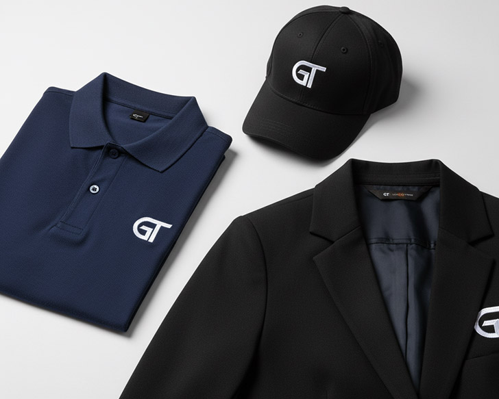 Arreglo flat lay profesional de un set de uniforme corporativo: polo azul marino, blazer negro y gorra. Cada prenda presenta un logo bordado con hilo blanco nítido. Enfoque ultra-nítido en los detalles del bordado, sobre un fondo gris claro minimalista, transmitiendo calidad e identidad de marca.