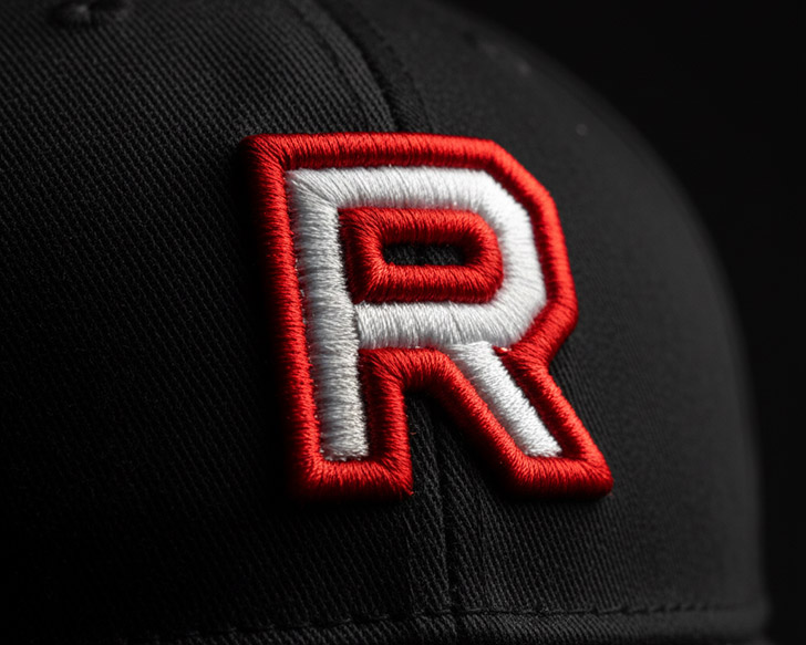 Fotografía macro de producto de ultra-detalle de un logo bordado en hilo de poliéster rojo y blanco sobre una gorra de sarga de algodón negra. El enfoque nítido resalta la textura perfecta, el relieve dimensional y los puntos individuales, con una iluminación lateral dramática que acentúa la calidad y la artesanía.