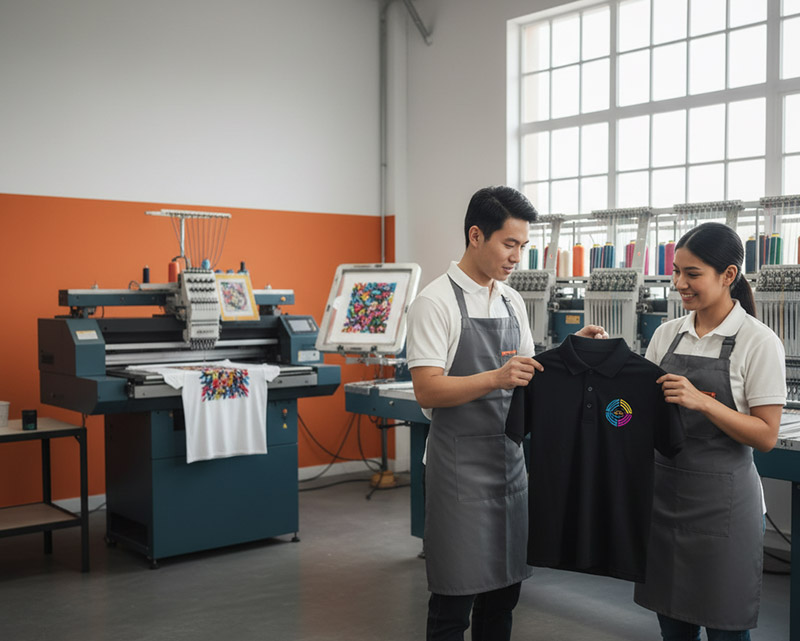 Equipo de profesionales textiles inspeccionando una polo negra con logo bordado en un taller moderno, con máquinas de DTF y bordado de fondo, resaltando tecnología y colaboración.