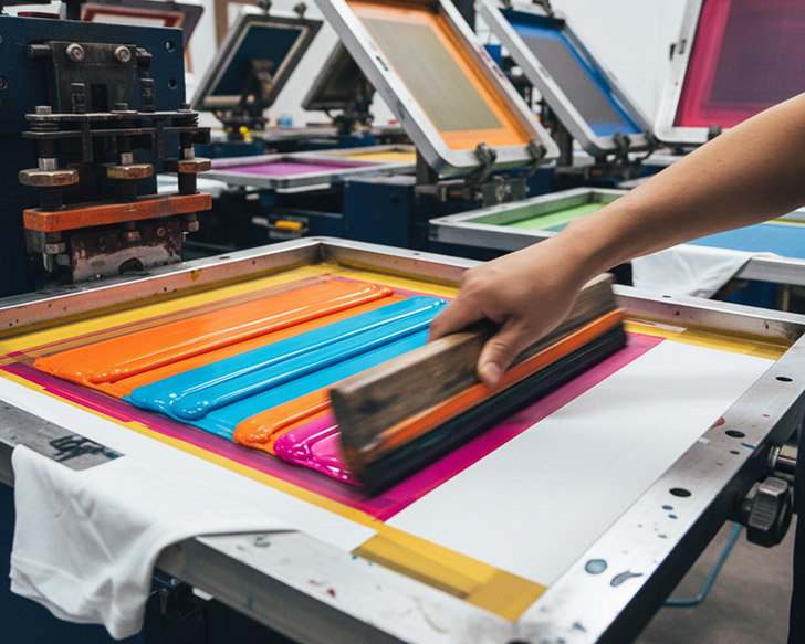 Una toma dinámica y de cerca de una estación de serigrafía industrial, mostrando a un impresor experto arrastrando tinta vibrante (naranja brillante, cian, magenta, amarillo) a través de un marco de serigrafía sobre una camiseta blanca. Múltiples estaciones de color son visibles en el fondo con bandejas de tinta cuidadosamente organizadas. La toma captura el momento preciso de la transferencia de tinta, con un ligero desenfoque de movimiento en el racero. La iluminación limpia y brillante del taller resalta la textura de la tinta y la malla de la pantalla. El estilo es hiperrealista, con un enfoque nítido en el proceso de impresión.