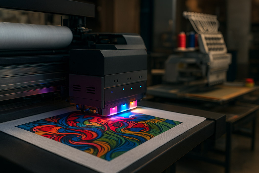 Taller de impresión textil en Bogotá con impresora DTF moderna imprimiendo diseños coloridos sobre tela, con máquinas de bordado y serigrafía al fondo.