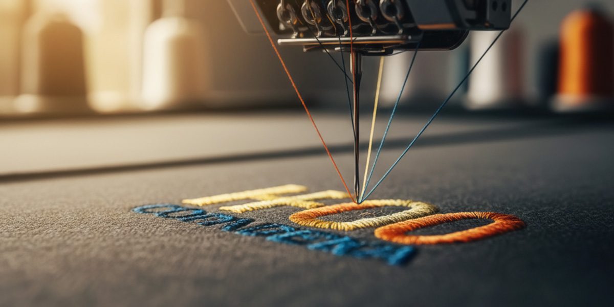 Macro de bordado industrial con aguja cosiendo logo dorado, naranja (#FE5E1A), azul y plata en tela oscura. Muestra precisión, lujo y textura textil para branding en Bogotá, Colombia.