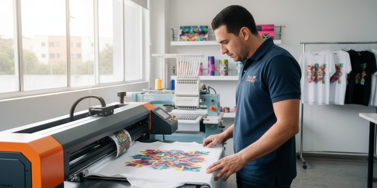 Taller moderno DTF Bogotá: Operario estampando logo colorido en camiseta con impresora Directo a Film